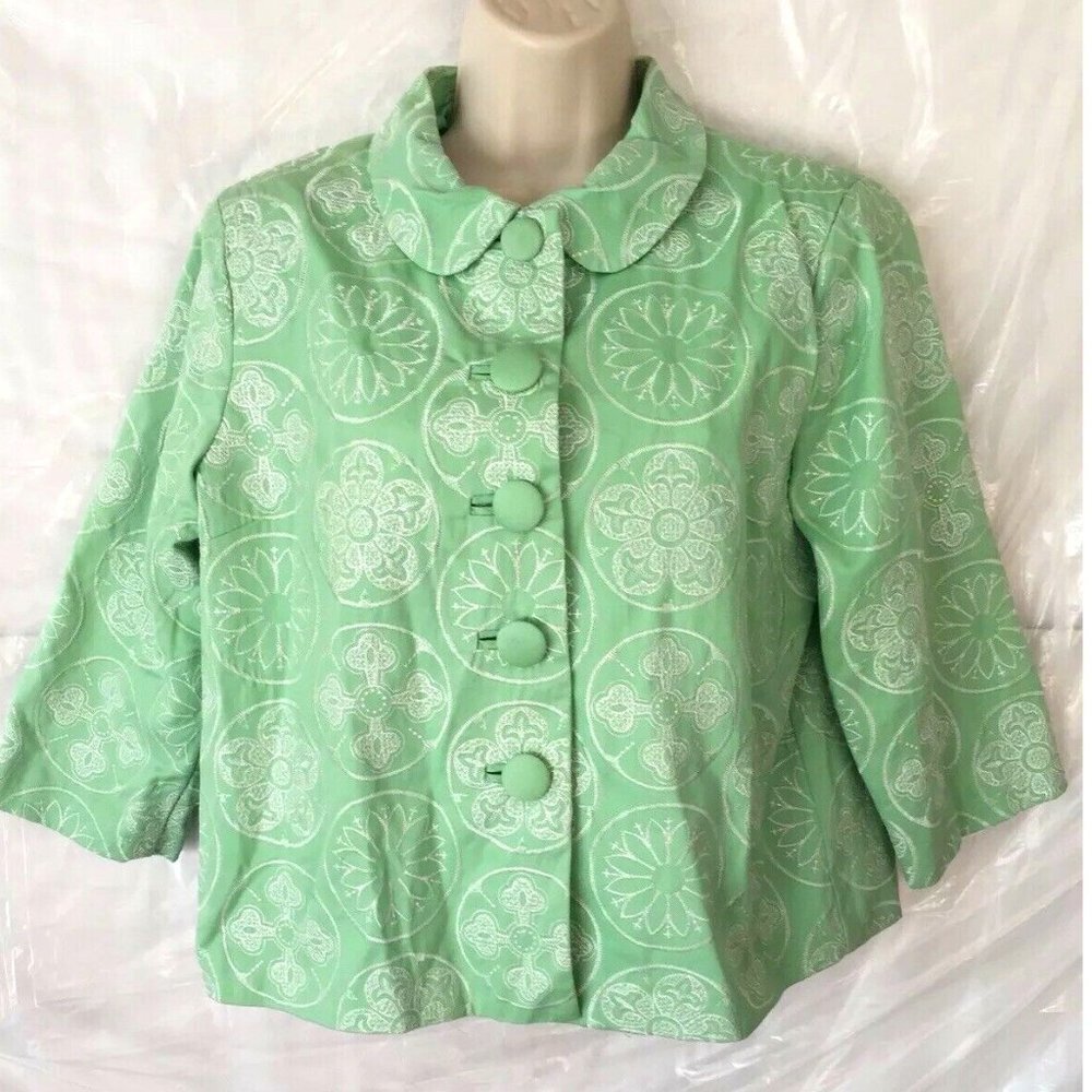 VTG Y2K Silk Land Jacket Womens PL Green Cropped Embroidered Peter Pan Collar‎
